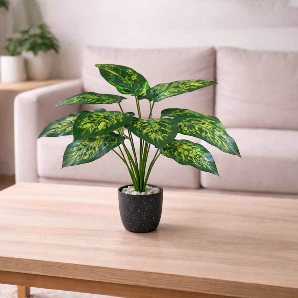 GoHooked artificial Homalomena Wallisii plant with variegated green leaves in a black speckled pot on a wooden table.