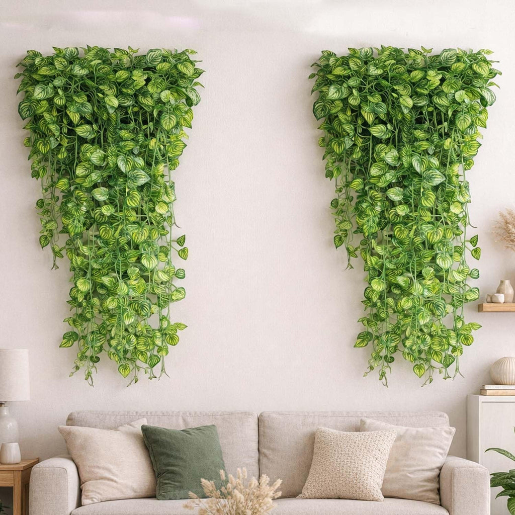 Go Hooked pack of 12 green artificial ivy leaf hanging creepers, 7 ft each, plastic, for home decor.