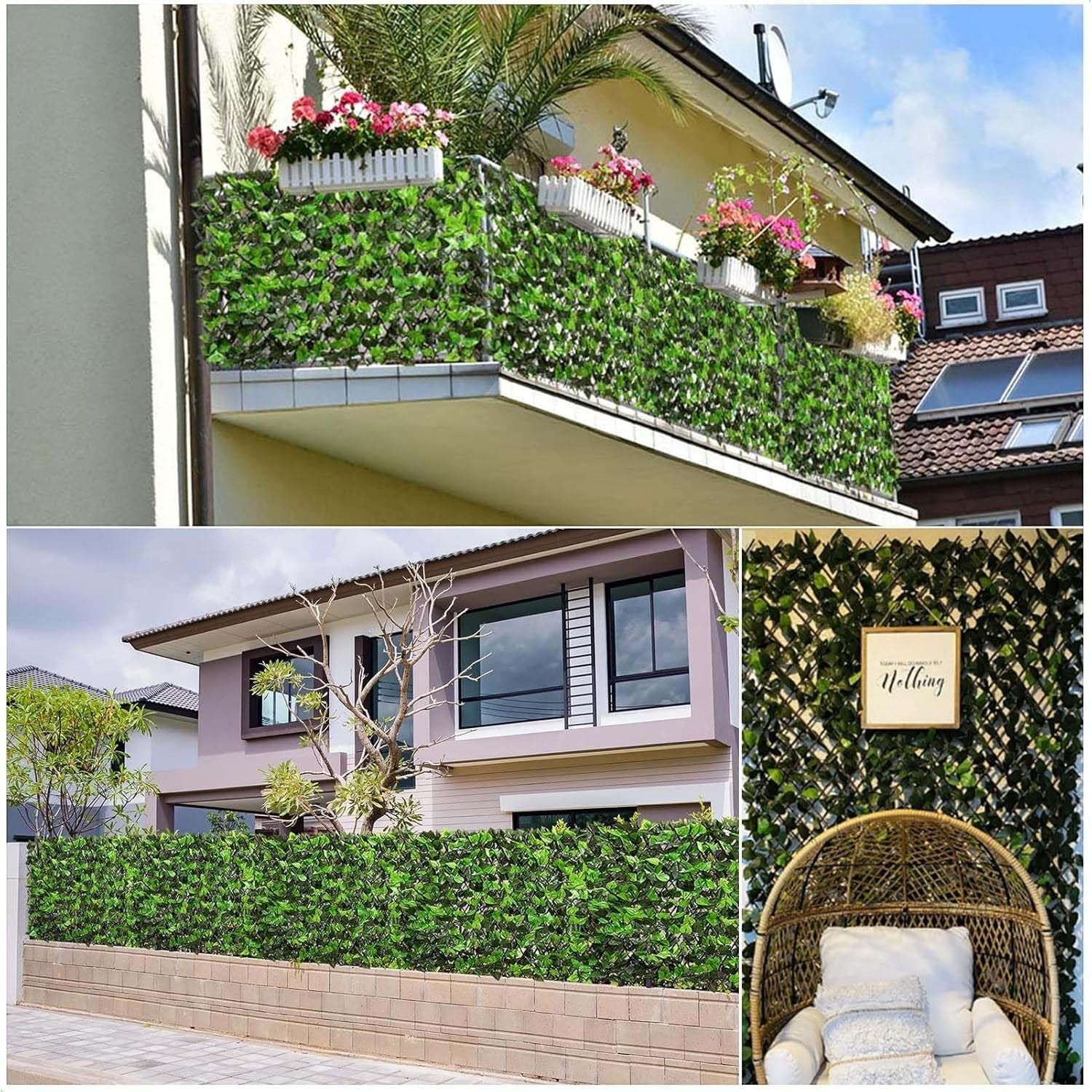 GoHooked green artificial ivy fence panels for outdoor decor, plastic, maintenance-free, UV protected, pack of 2.