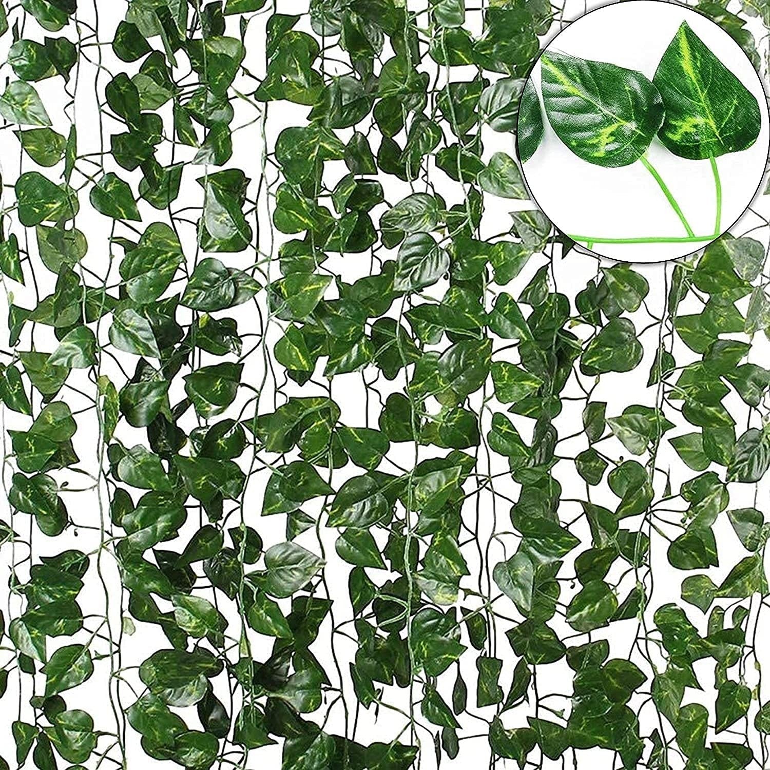 GoHooked artificial hanging ivy garland with 30 realistic green leaves per string, 7.5 ft long, perfect for home decor.