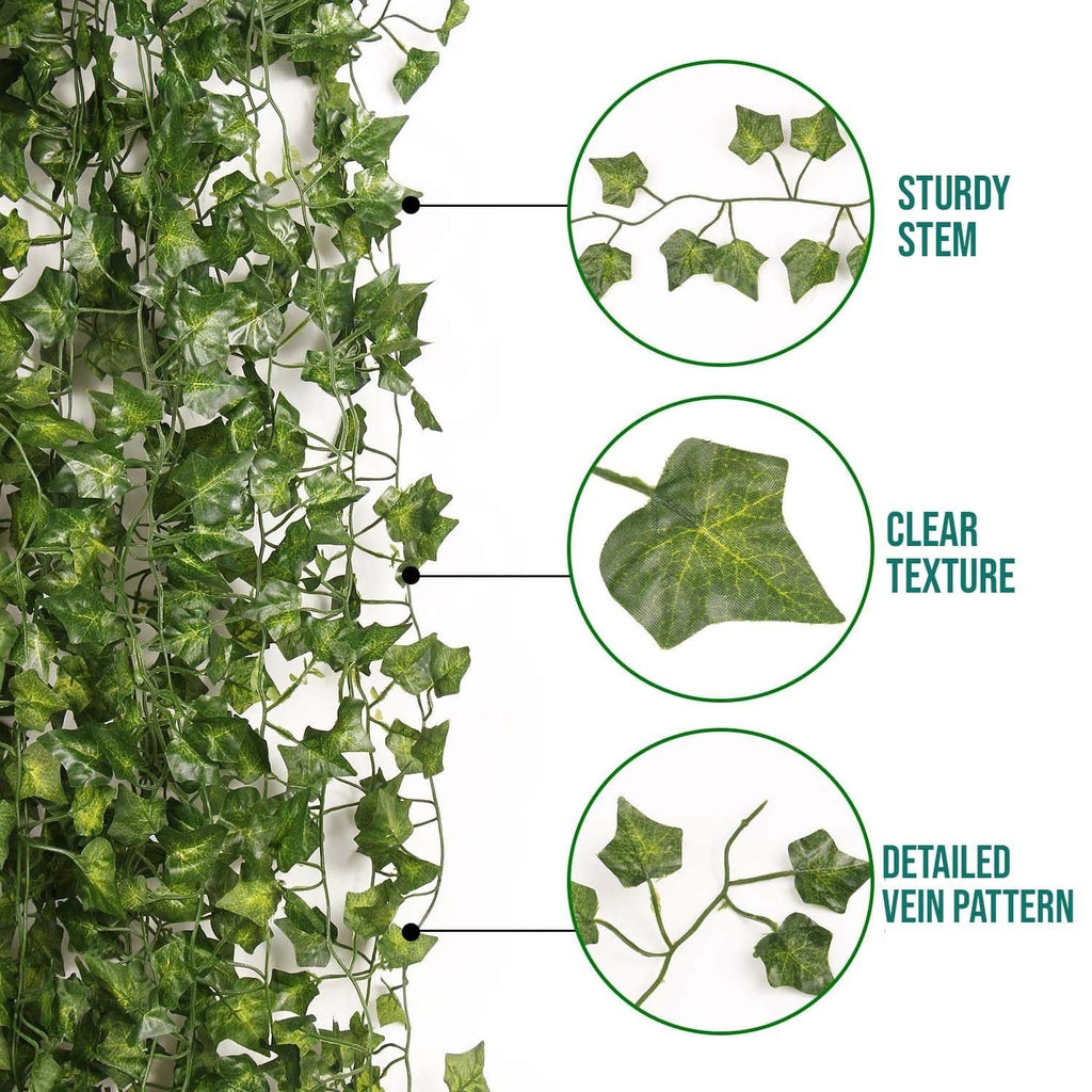 GoHooked pack of 12 green artificial ivy leaf garlands, 7 ft each, with realistic vein patterns and sturdy stems for home decor.