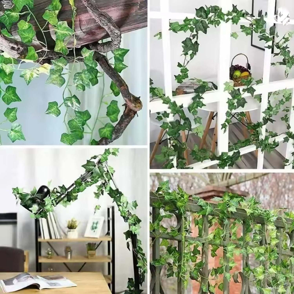 GoHooked pack of 5, 7ft artificial green English ivy leaf garlands made of plastic. Realistic trailing vines for home decor.