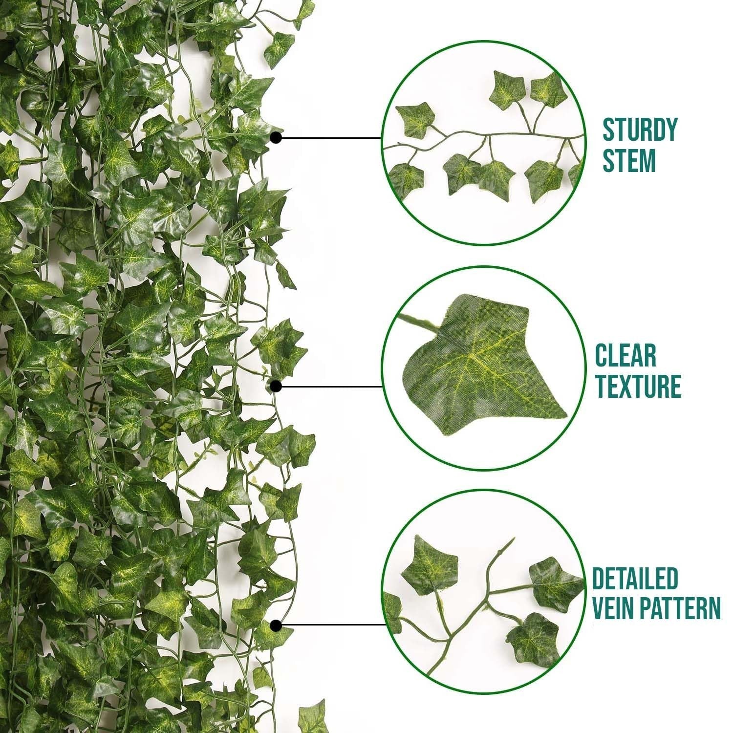GoHooked green artificial ivy leaf garland, 7 ft plastic vine with detailed vein pattern, perfect for home decor.