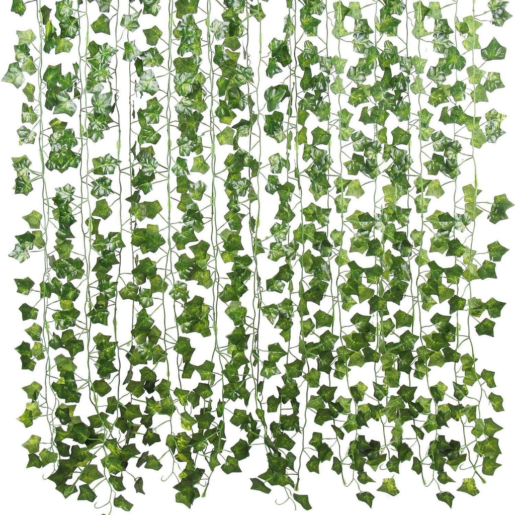 GoHooked pack of 5, 7 ft artificial green English ivy leaf garlands with realistic plastic vines for home decor.