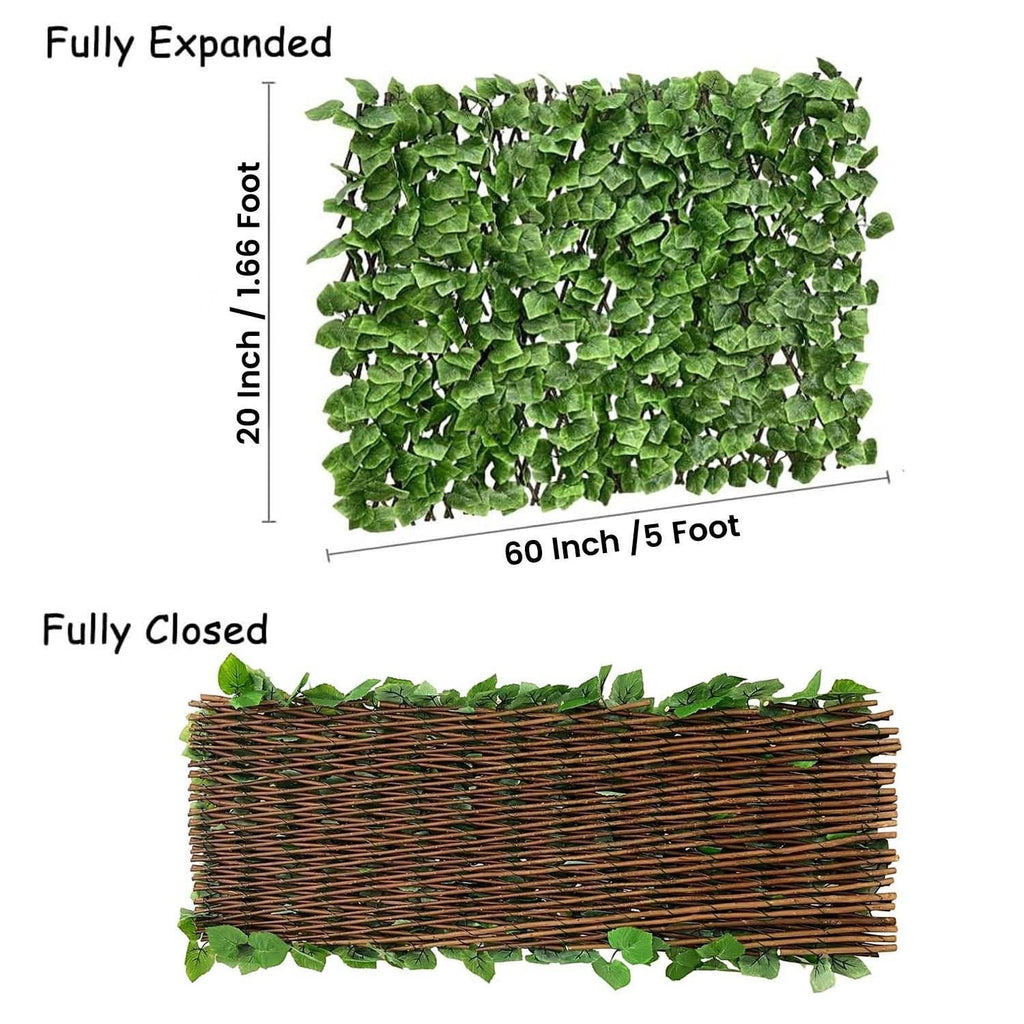 GoHooked artificial ivy leaf trellis showing fully expanded and closed views for privacy and garden wall decor.