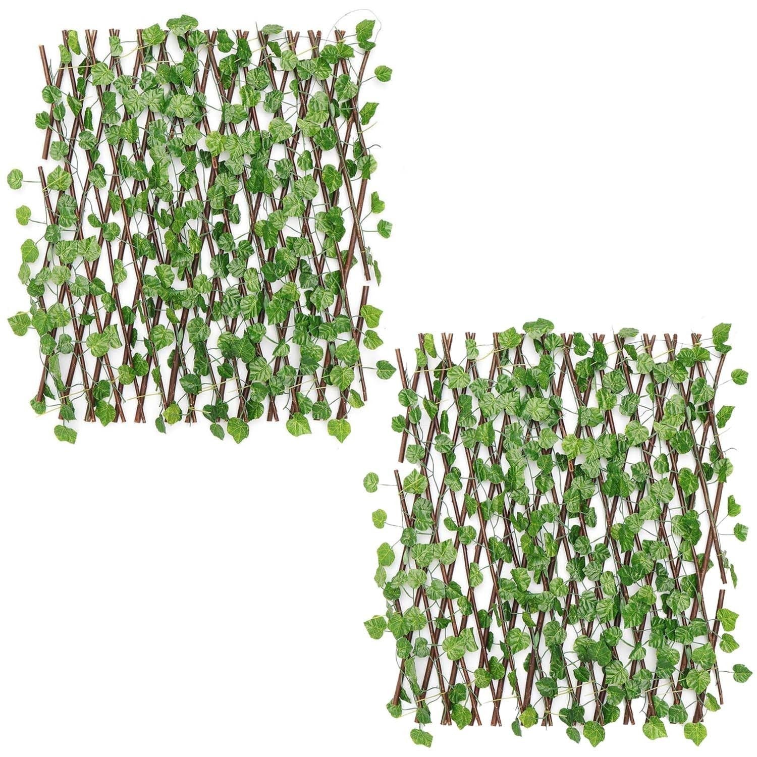 GoHooked expandable wood trellis fence with artificial green ivy leaves, 60 x 20 inches, pack of 2.