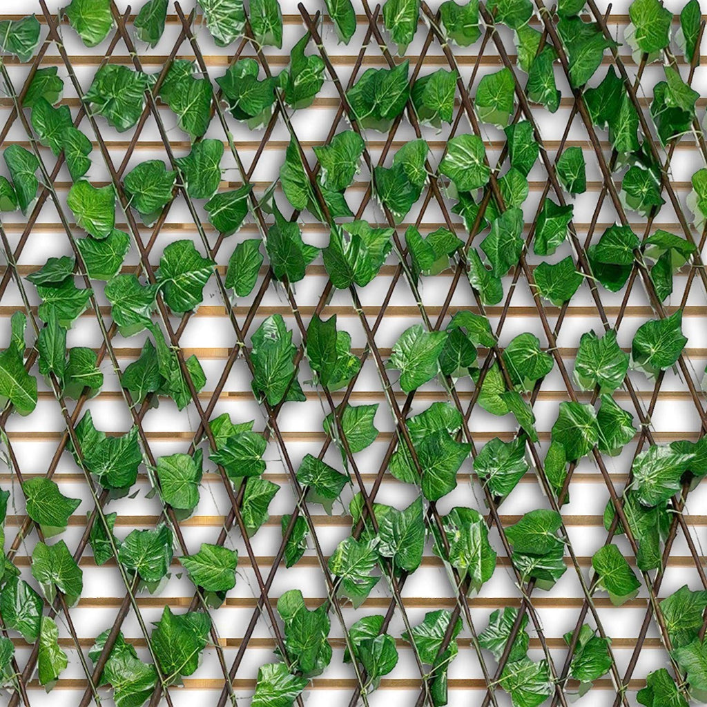 GoHooked artificial ivy leaves on a wooden lattice trellis for privacy and garden decor