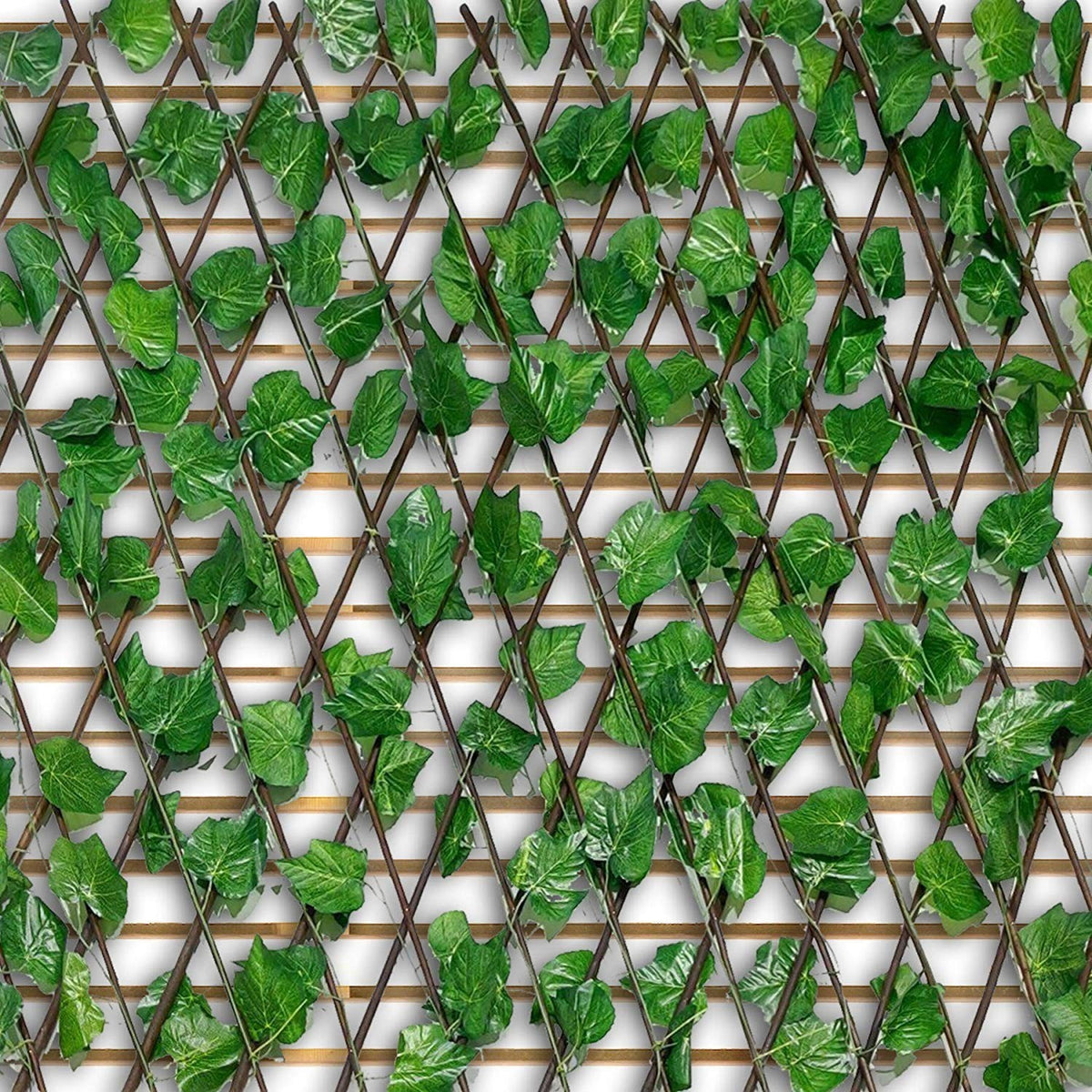 GoHooked artificial ivy leaves on a wooden lattice trellis for privacy and garden decor