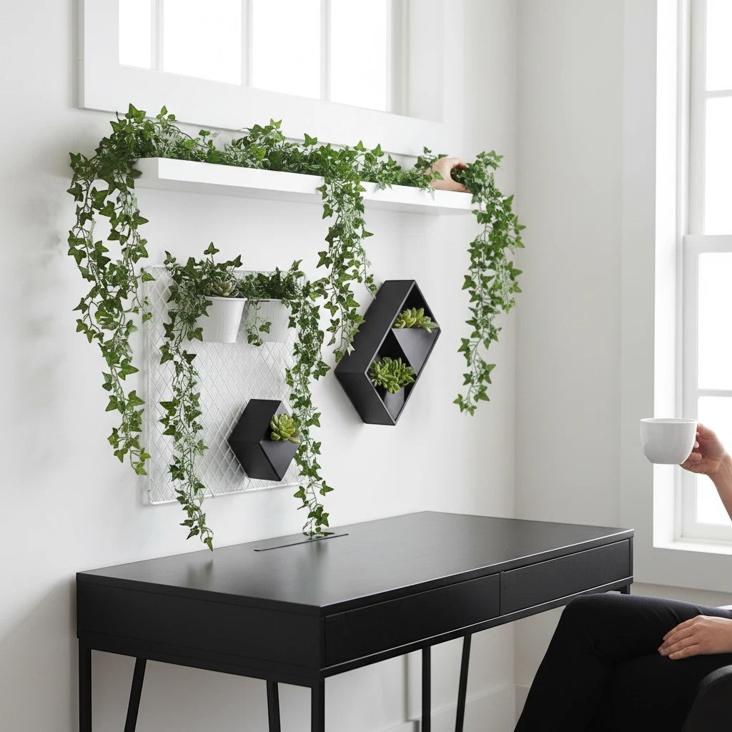 GoHooked Maple Green artificial ivy vines with realistic leaves draped over a white shelf and wall decor.