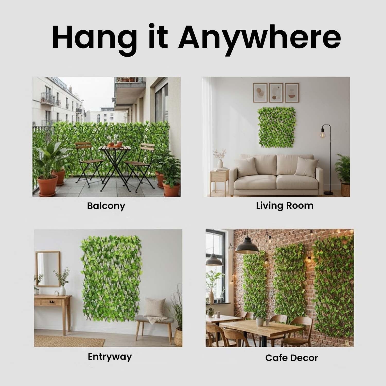 GoHooked green artificial ivy expanding wood fence trellis for balcony, living room, entryway, and cafe decor.