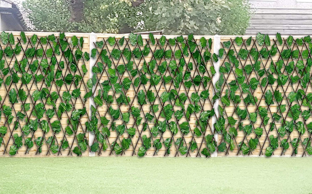 GoHooked artificial ivy trellis with green leaves on an expanding wooden frame for garden privacy and wall decor.