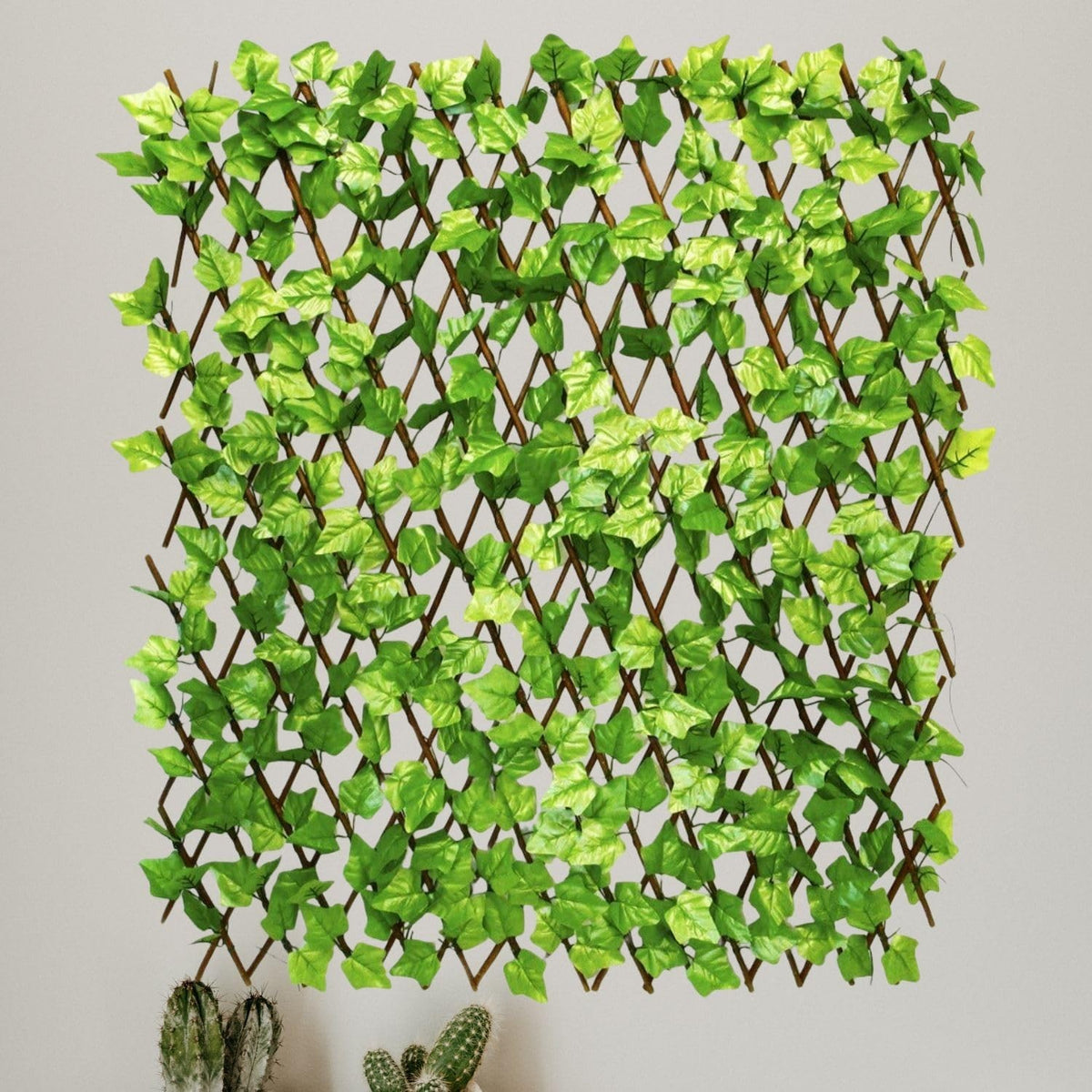 GoHooked artificial green ivy leaves on an expanding wooden trellis for home and garden wall decor.