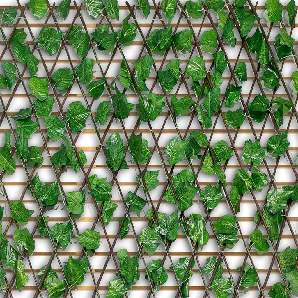 GoHooked artificial ivy trellis with green leaves on a brown wooden lattice frame for indoor and outdoor garden decor.