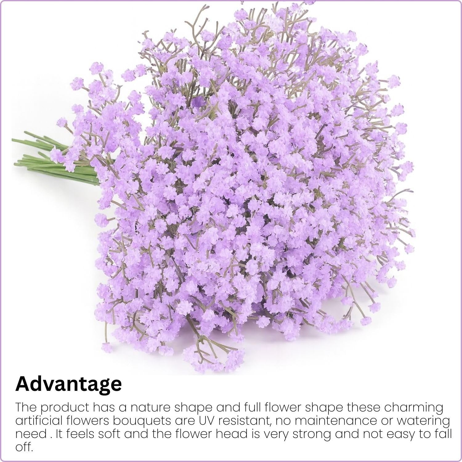 GoHooked artificial lavender baby's breath flowers with vase. Realistic rubber flower heads and plastic stems.