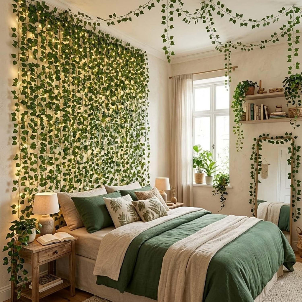 Go Hooked artificial green linden leaf creeper garland with fairy lights decorating a bedroom wall and ceiling.