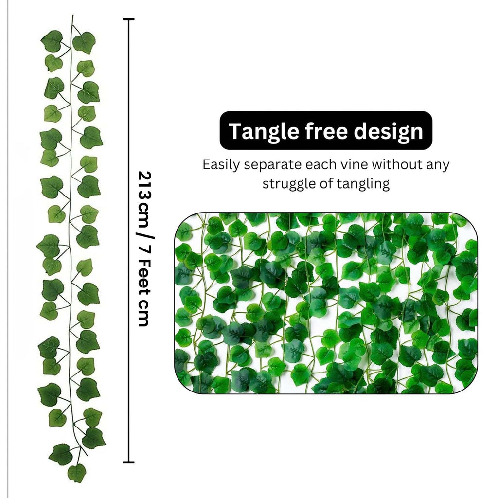 GoHooked pack of 3 green plastic linden leaf artificial hanging creepers, 7 ft each, for home decor.