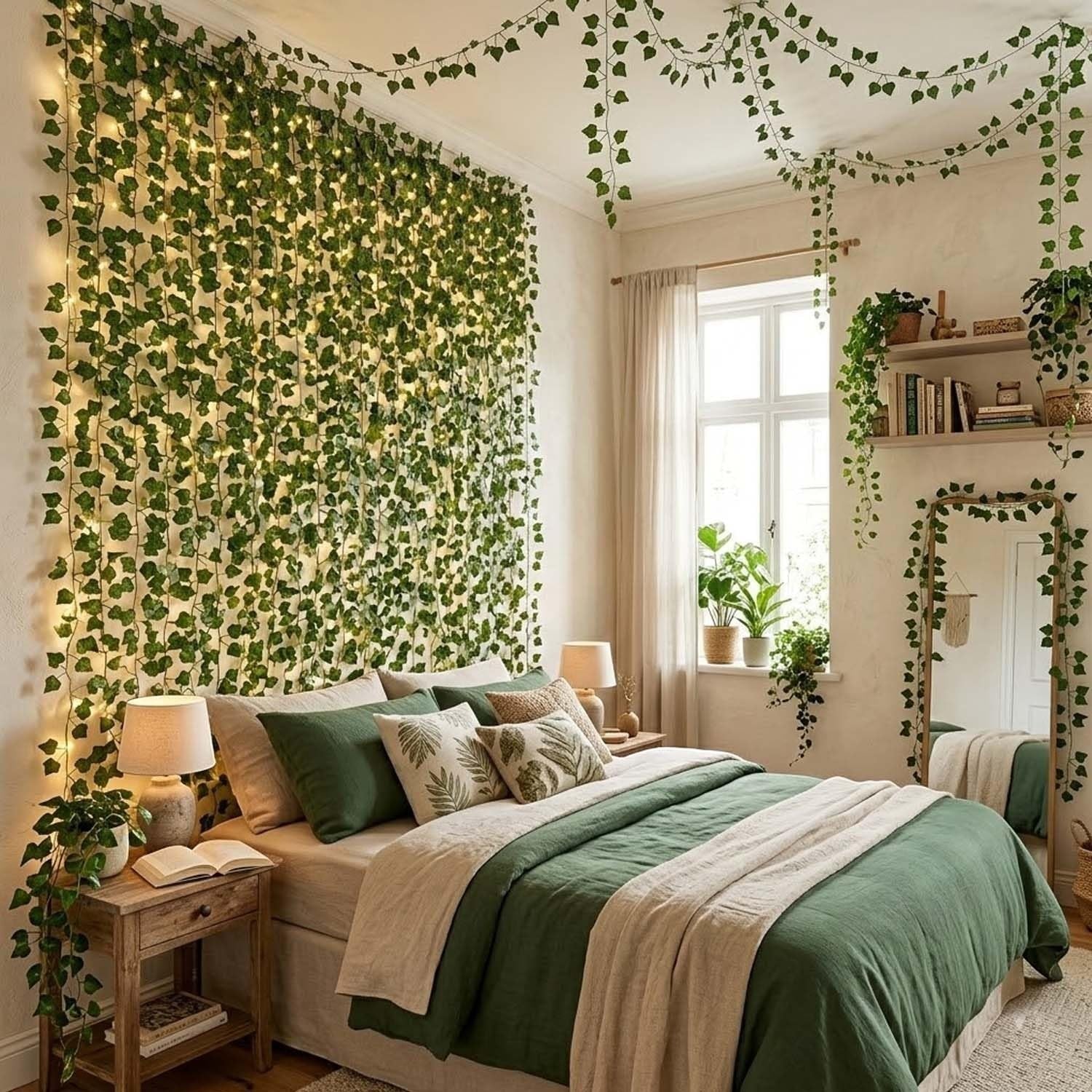 Go Hooked pack of 5 green artificial linden leaf creepers with fairy lights decorating a bedroom wall.