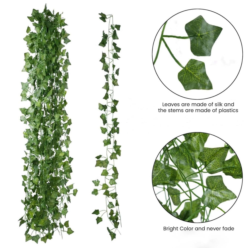 GoHooked artificial maple leaf creeper garland, 6 ft, green plastic leaves with silk texture, pack of 24