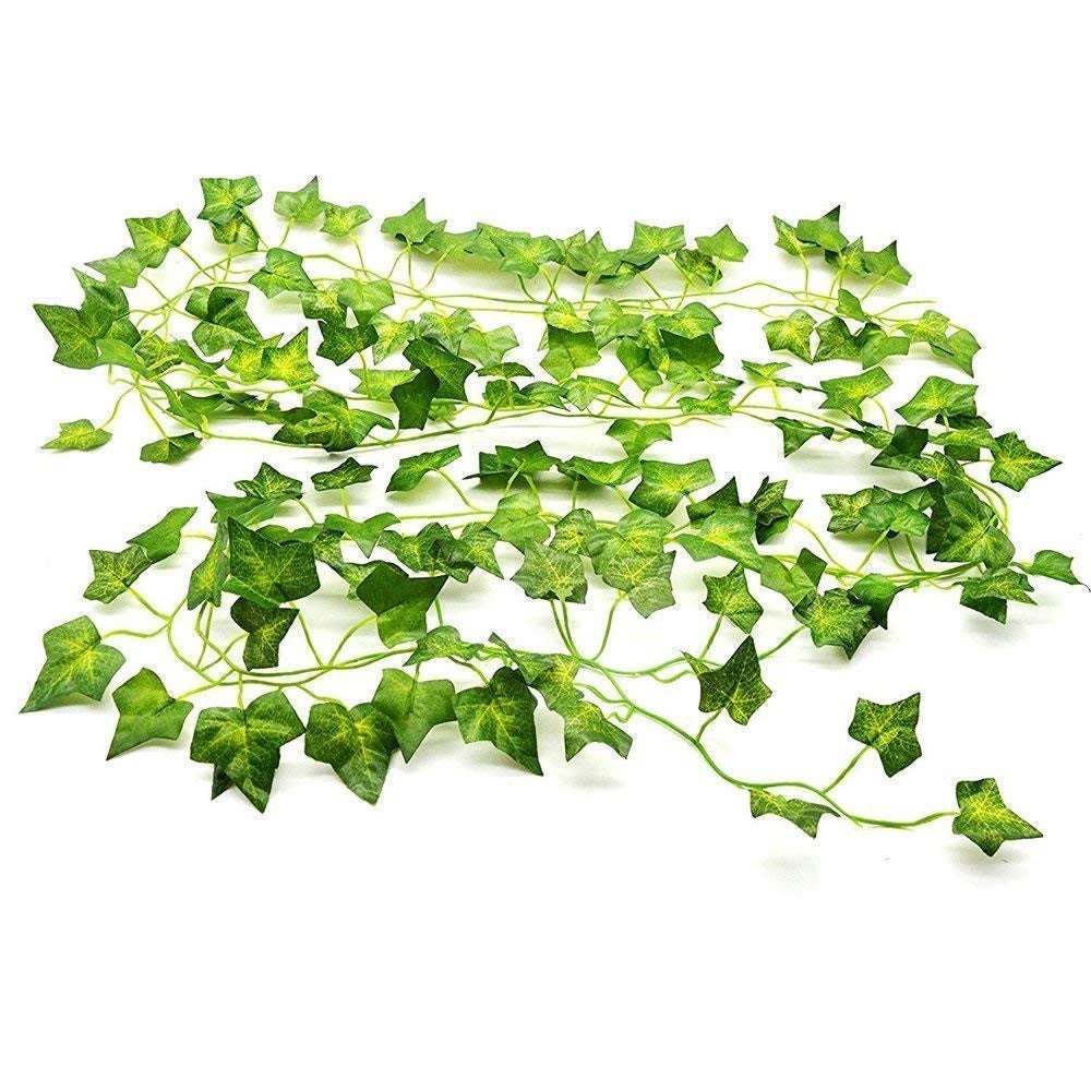 GoHooked pack of 12 green artificial maple leaf creepers, 6ft each, made of polyester fabric for home and party decor.