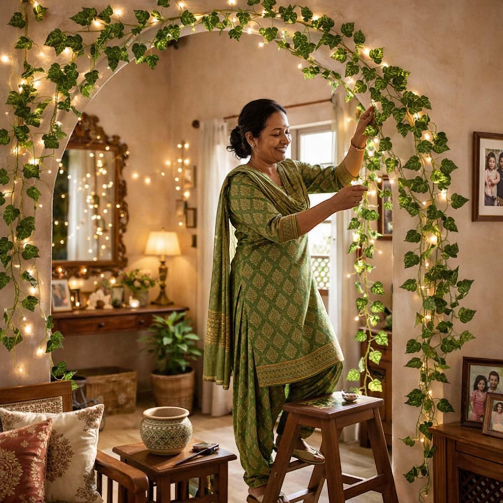 Go Hooked artificial maple leaf creeper garland with fairy lights, 6 ft, green plastic leaves, for home decor.