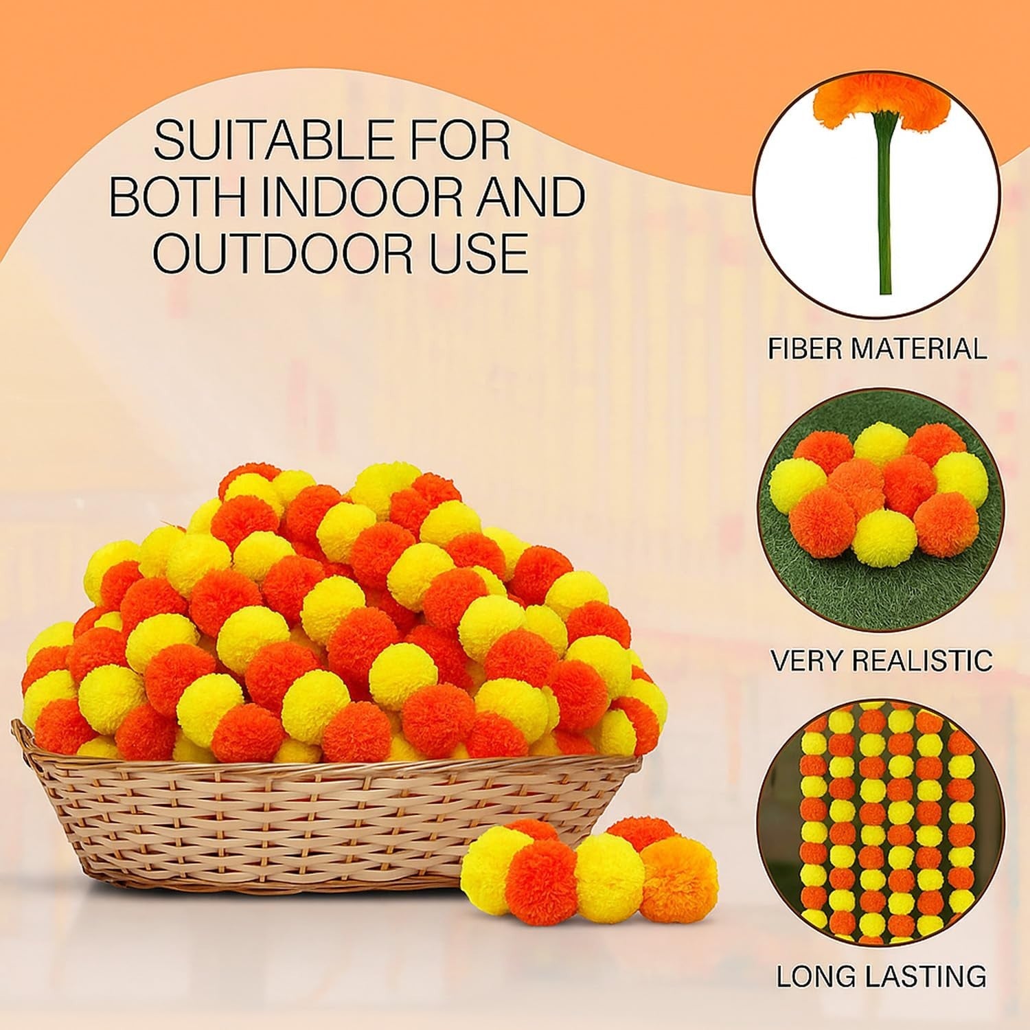 GoHooked orange and yellow artificial marigold flower garlands, made of fabric and plastic, perfect for festive decorations.