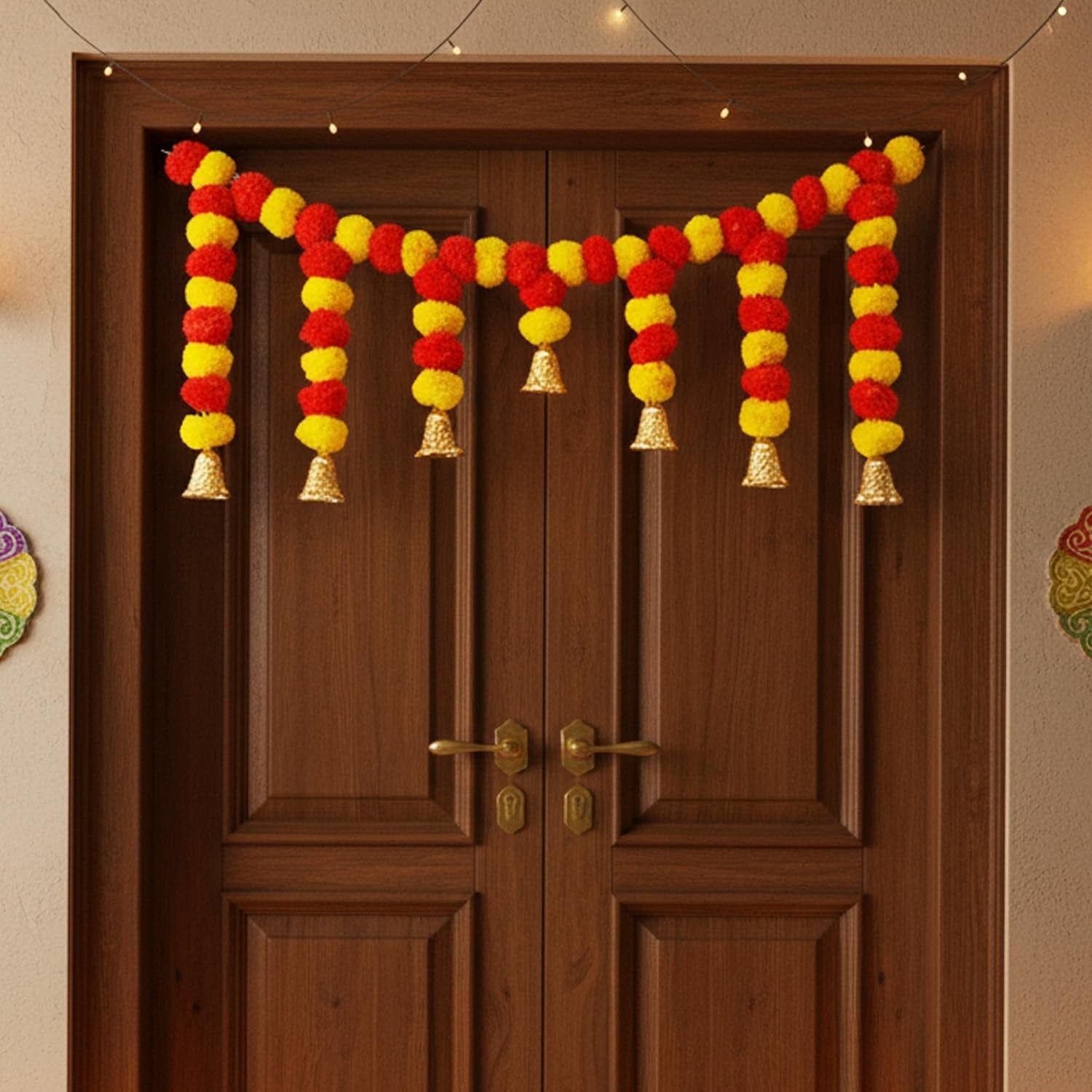 GoHooked yellow and orange artificial marigold flower toran with golden bells, 43 inches, for door hanging decoration.