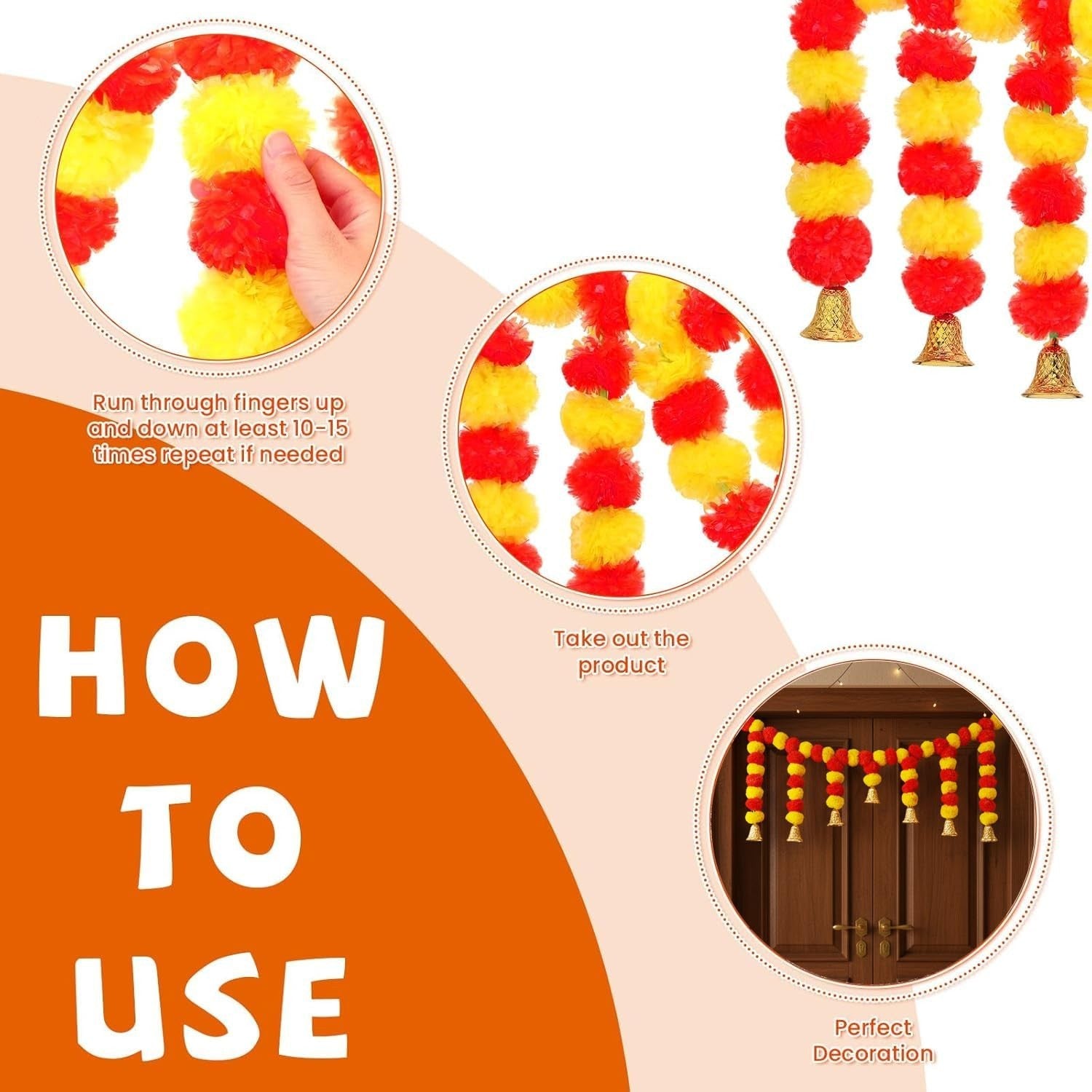 GoHooked yellow and orange artificial marigold flower toran with golden bells, 43 inch door hanging decoration.