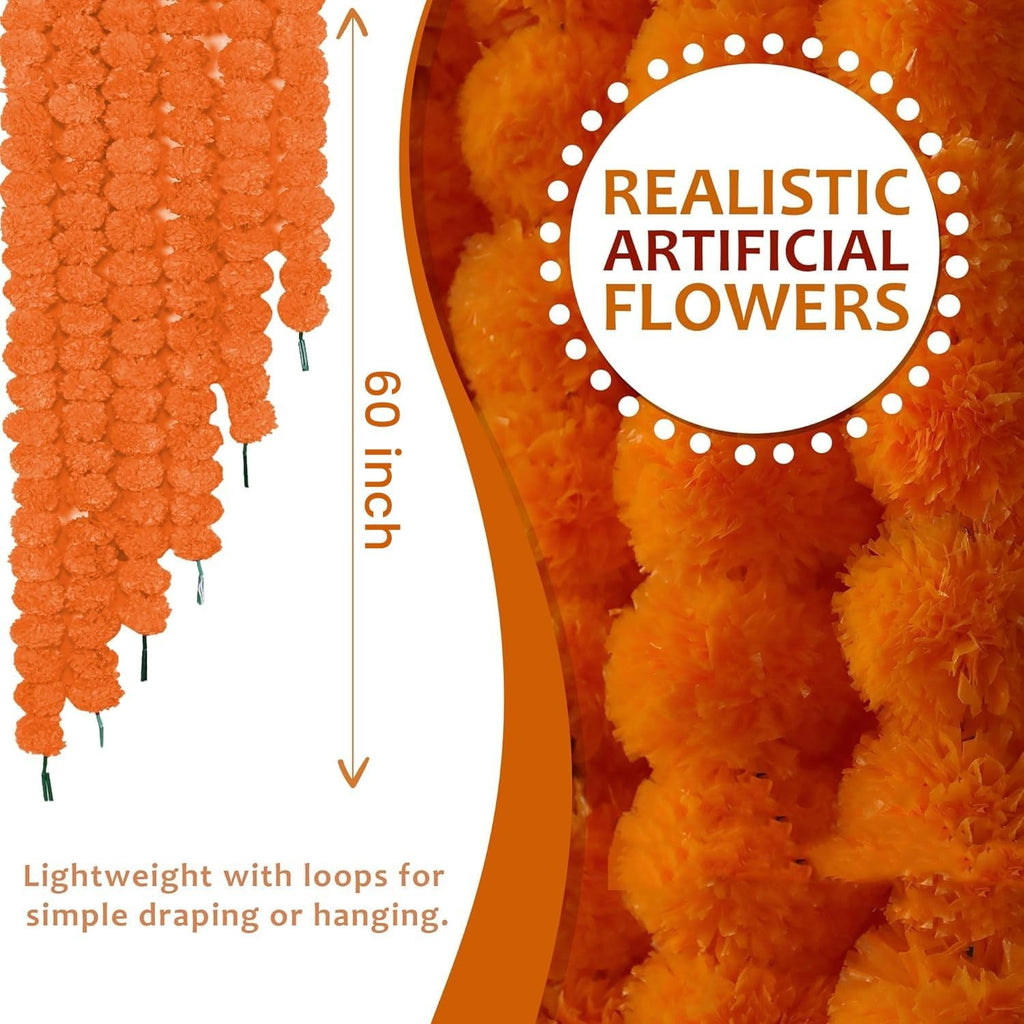 GoHooked Set of 8 orange artificial marigold flower garlands, 4.5 ft each, made of fiber for festive decor.