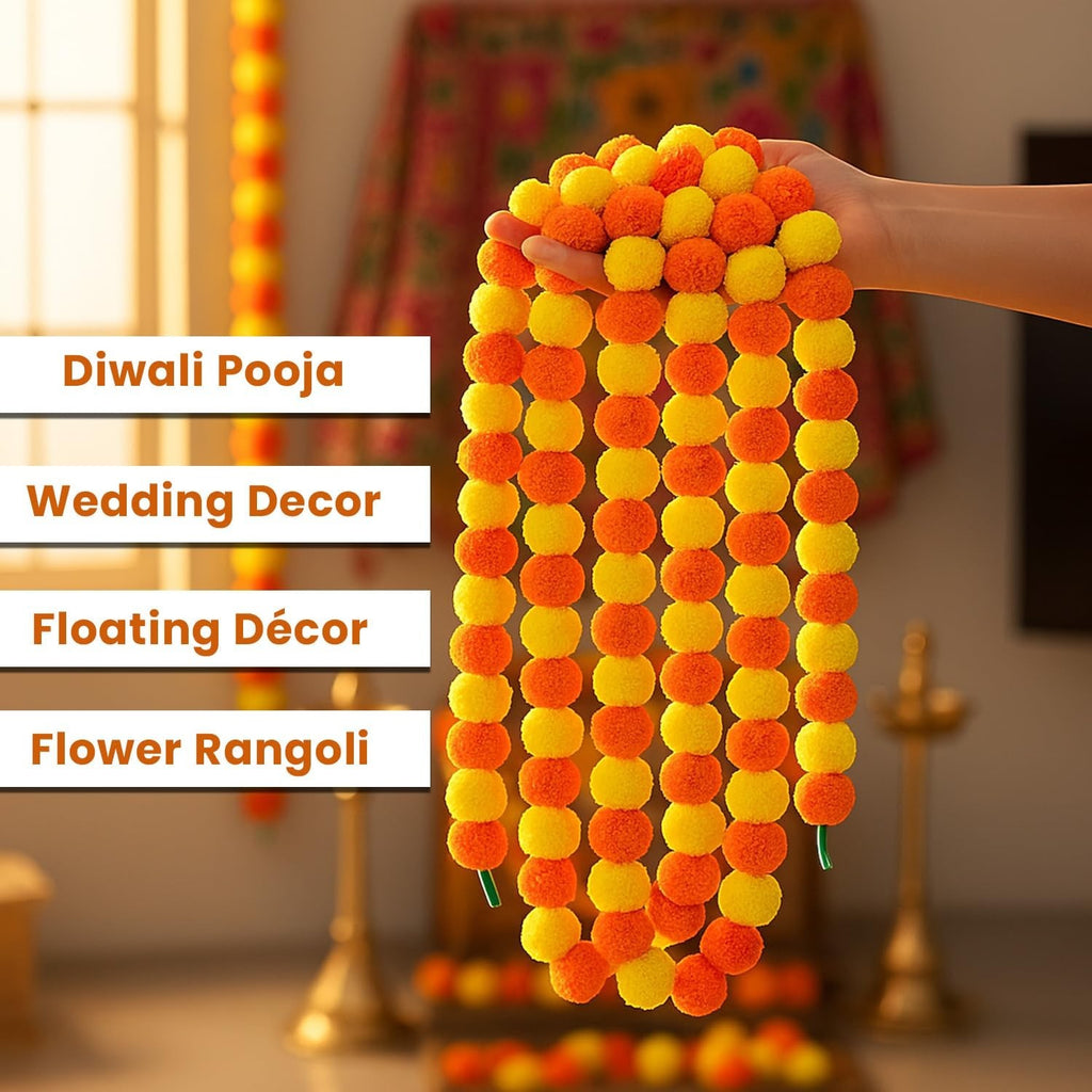 GoHooked orange and yellow artificial marigold flower garlands for festive decoration. Fabric and plastic material.