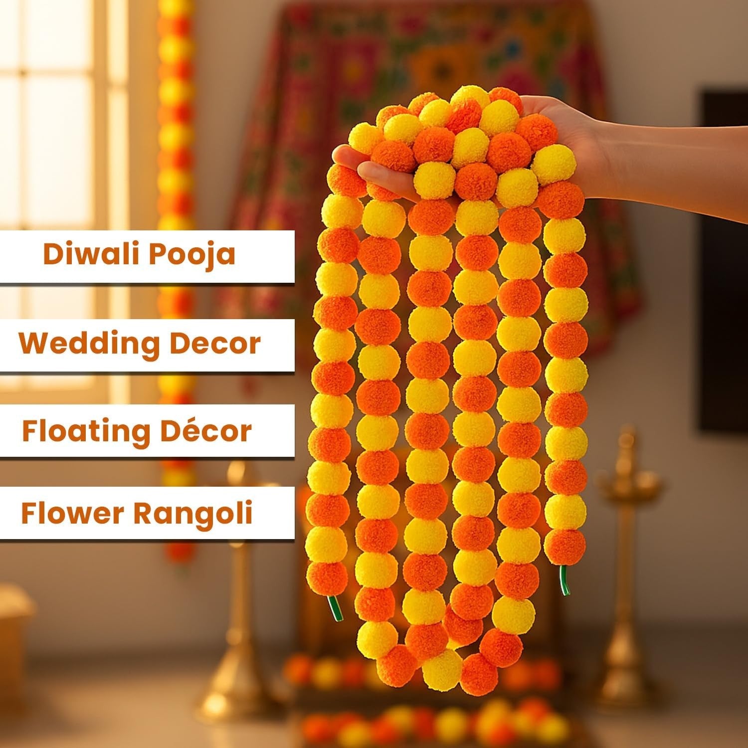 GoHooked orange and yellow artificial marigold flower garlands for festive decoration. Fabric and plastic material.