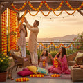 GoHooked yellow and orange artificial marigold toran garlands decorating a balcony for a festival. Polyester.