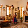 GoHooked yellow and orange artificial marigold toran garlands decorating a living room for a festival.