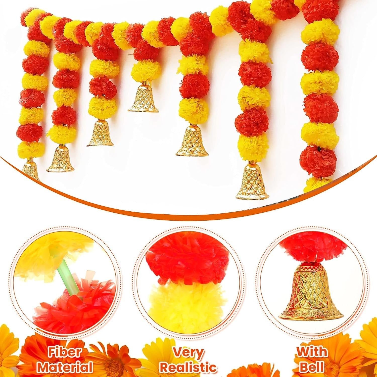 GoHooked yellow and orange artificial marigold flower toran with golden bells, 43 inches long, for door hanging decoration.