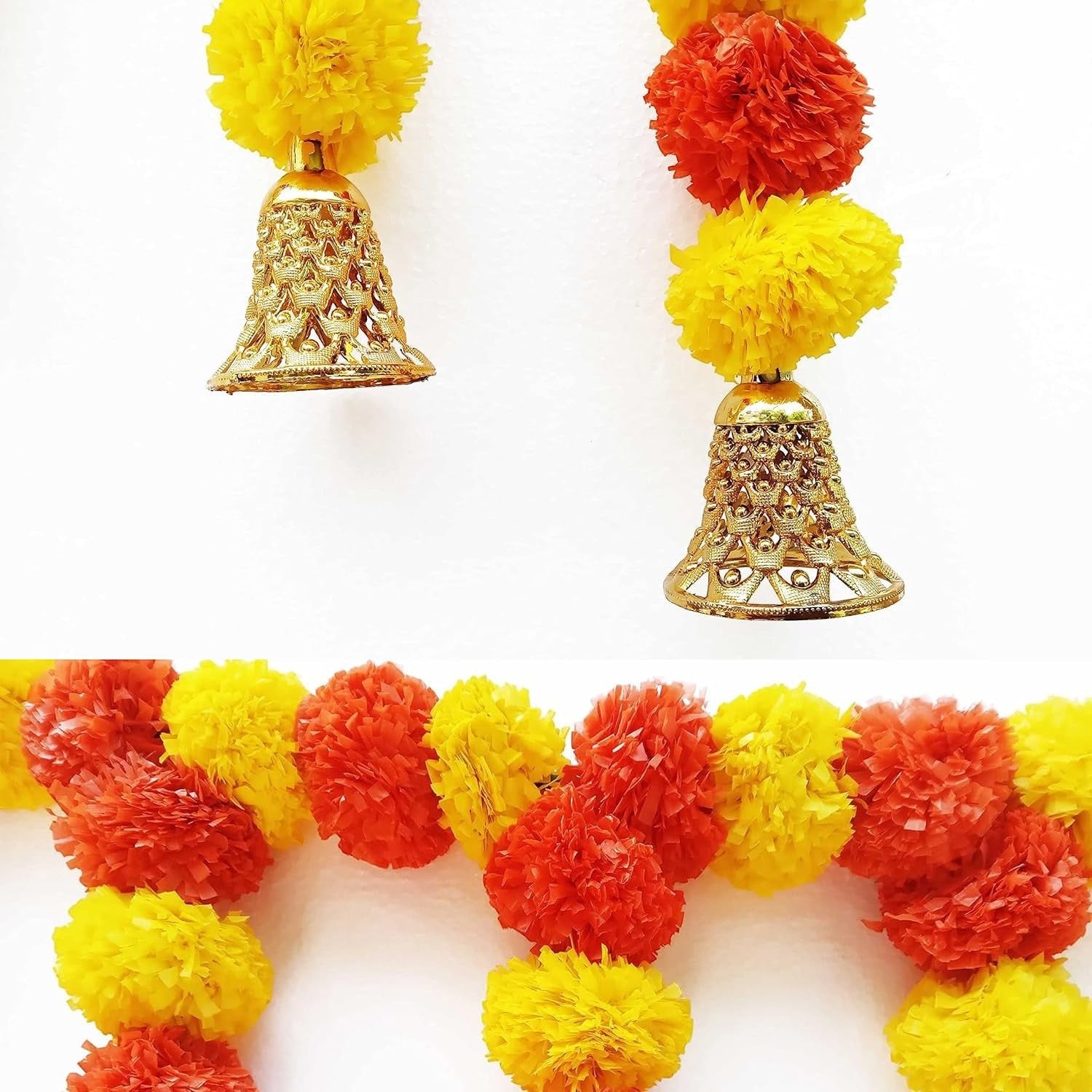 GoHooked yellow and orange artificial marigold flower toran with golden bells, 43 inch door hanging decoration.