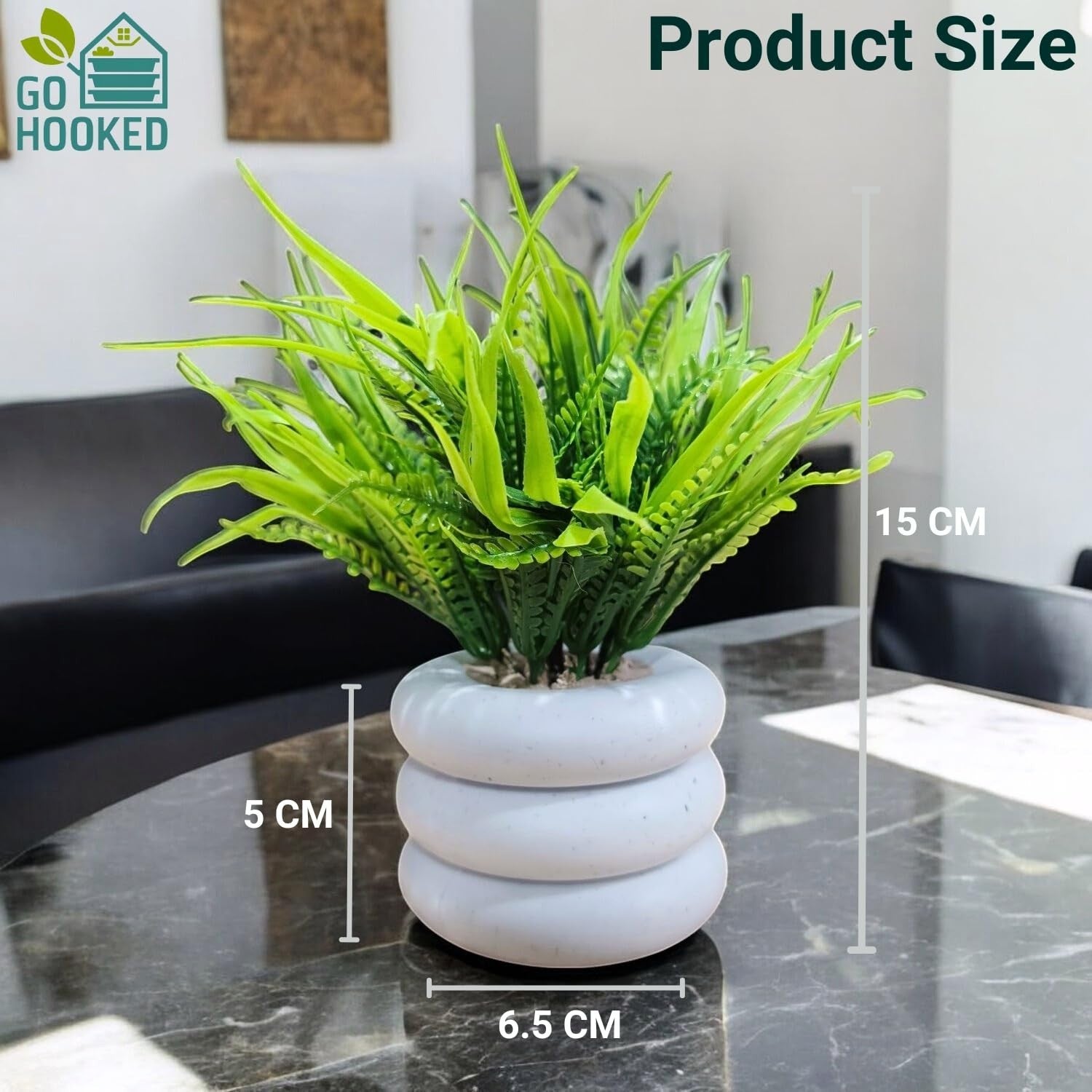 Go Hooked artificial mini plant in a white stacked pot, realistic green foliage, 15cm tall, 6.5cm pot width.
