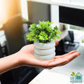 GoHooked artificial mini plant in a stacked white pot, held in a hand on an office desk.