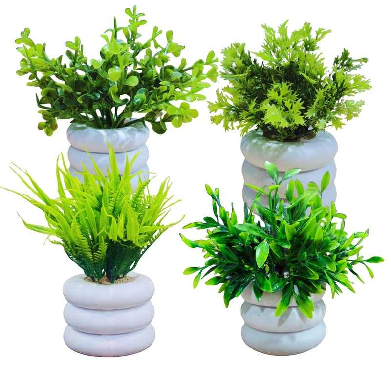 GoHooked set of 4 artificial mini plants in white stacked pots. Realistic green foliage for home and office decor.