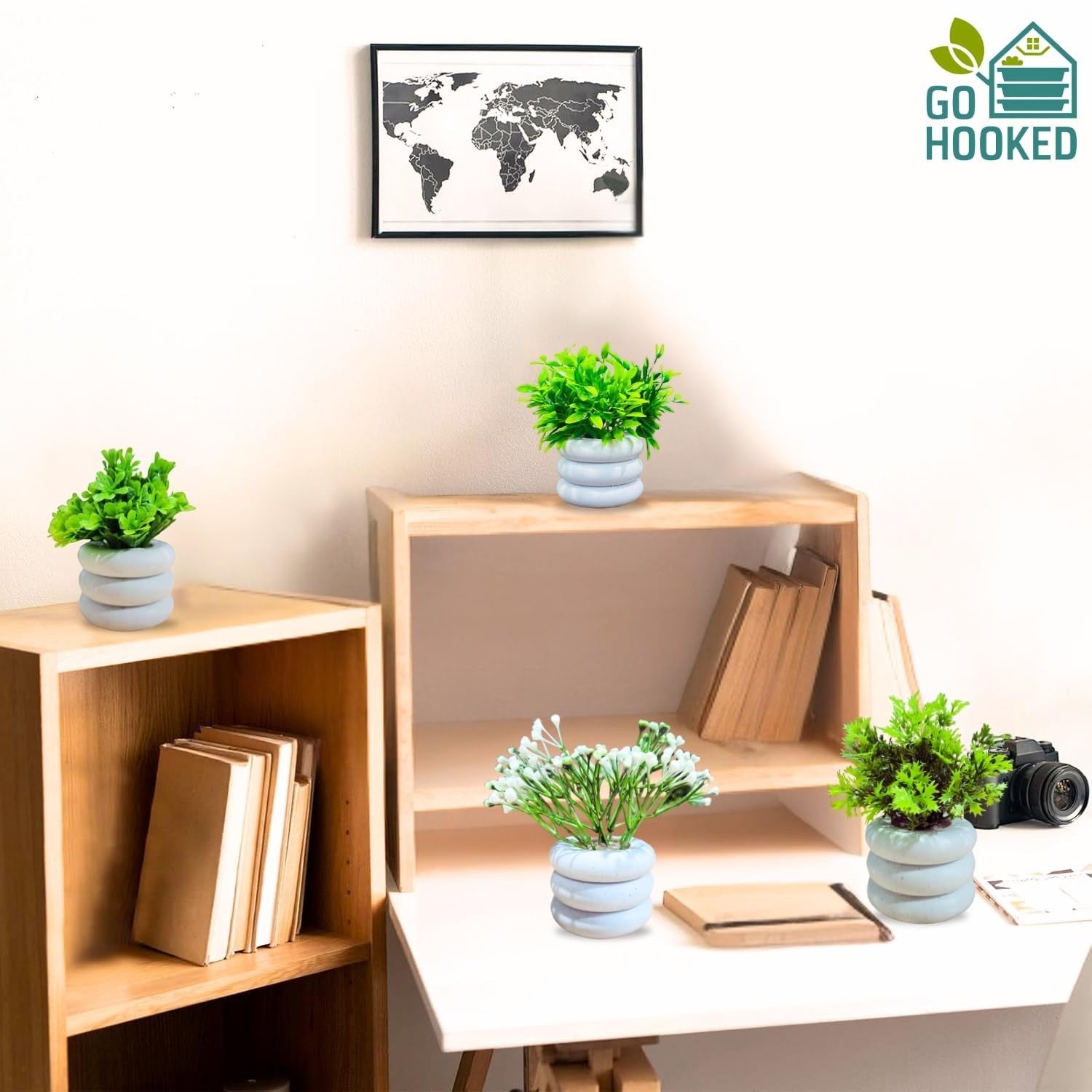 Go Hooked 5-pack artificial mini plants in light grey round pots, perfect for home and office decor.