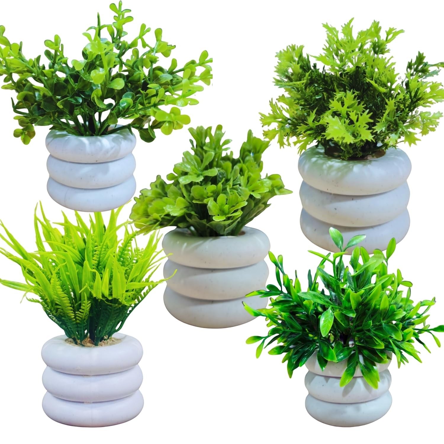GoHooked 5-pack artificial mini plants in white stacked ring pots. Assorted green foliage for home & office decor.