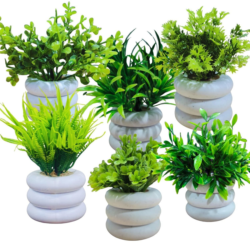 GoHooked set of 6 artificial mini plants in white stacked stone pots. Assorted green foliage.