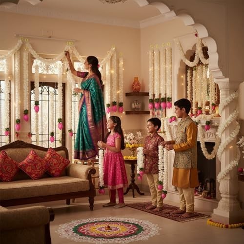 GoHooked white artificial mogra flower garlands with pink lotus buds, decorating a festive Indian home.