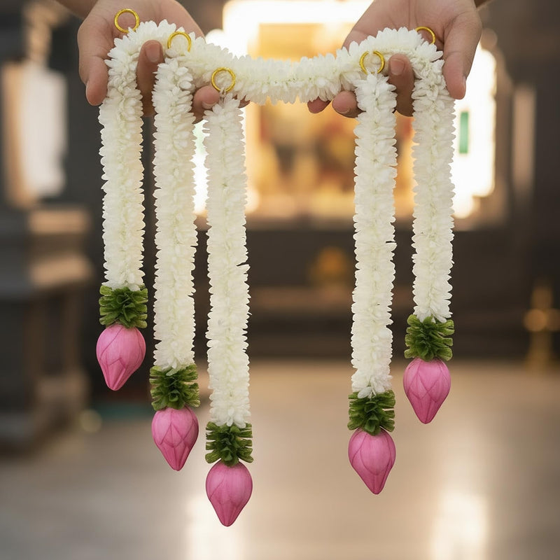 GoHooked white artificial mogra flower garlands with pink lotus buds, fabric and plastic, for festive decor.