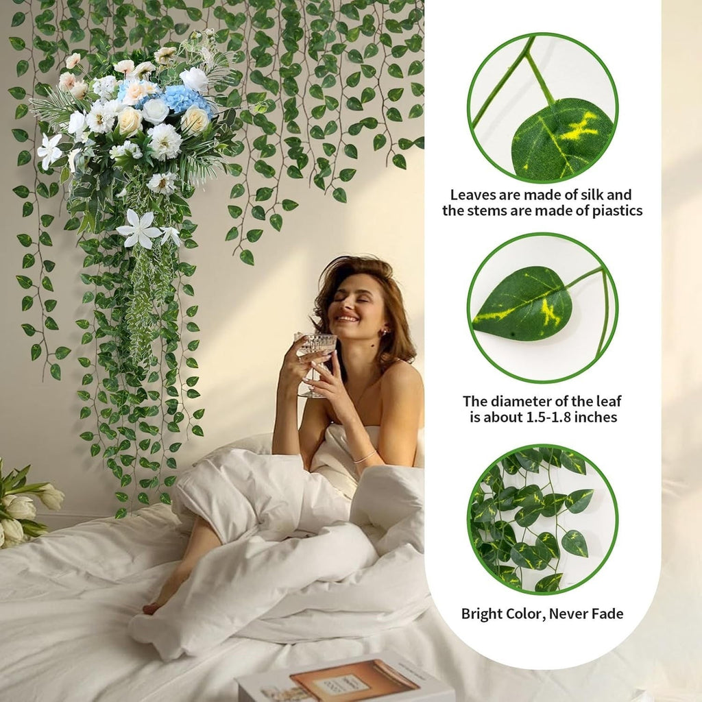 GoHooked artificial money plant leaf garland hanging on a wall behind a smiling woman in a bedroom setting.