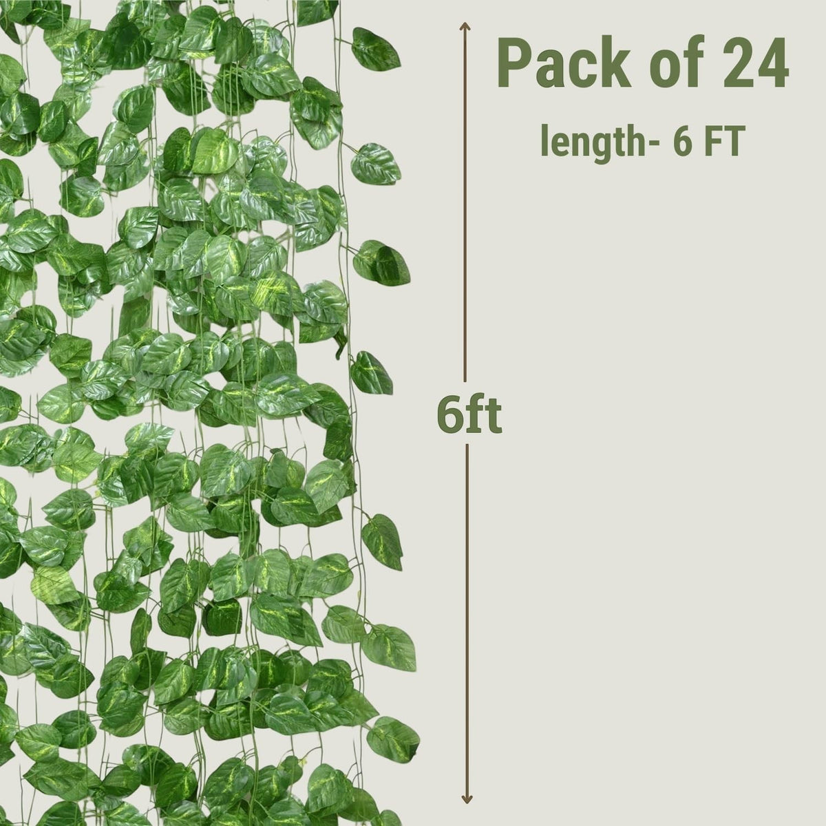 Go Hooked pack of 24 artificial money plant leaf creepers, 6ft each, green polyester fabric for home and party decor.