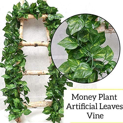 GoHooked pack of 24 green artificial money plant leaf vines, 6ft each, polyester fabric for home and party decor.