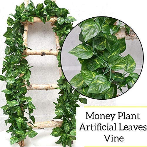 GoHooked pack of 8 green artificial money plant leaf vines, 6ft each, for home and party decor.