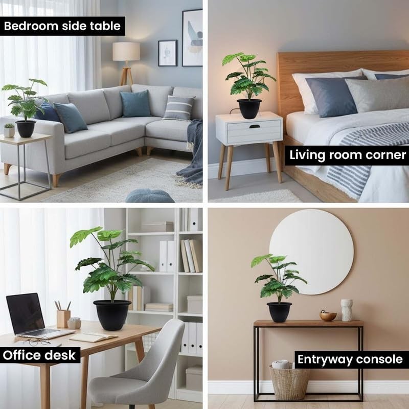 GoHooked artificial Monstera Deliciosa plant with 18 green leaves in a black pot, shown in various home settings.