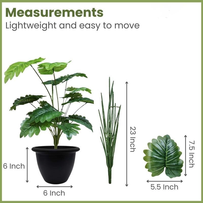 GoHooked artificial Monstera Deliciosa plant with 18 green leaves in a black nursery pot. Includes separate grass stalks and a single leaf for size reference.