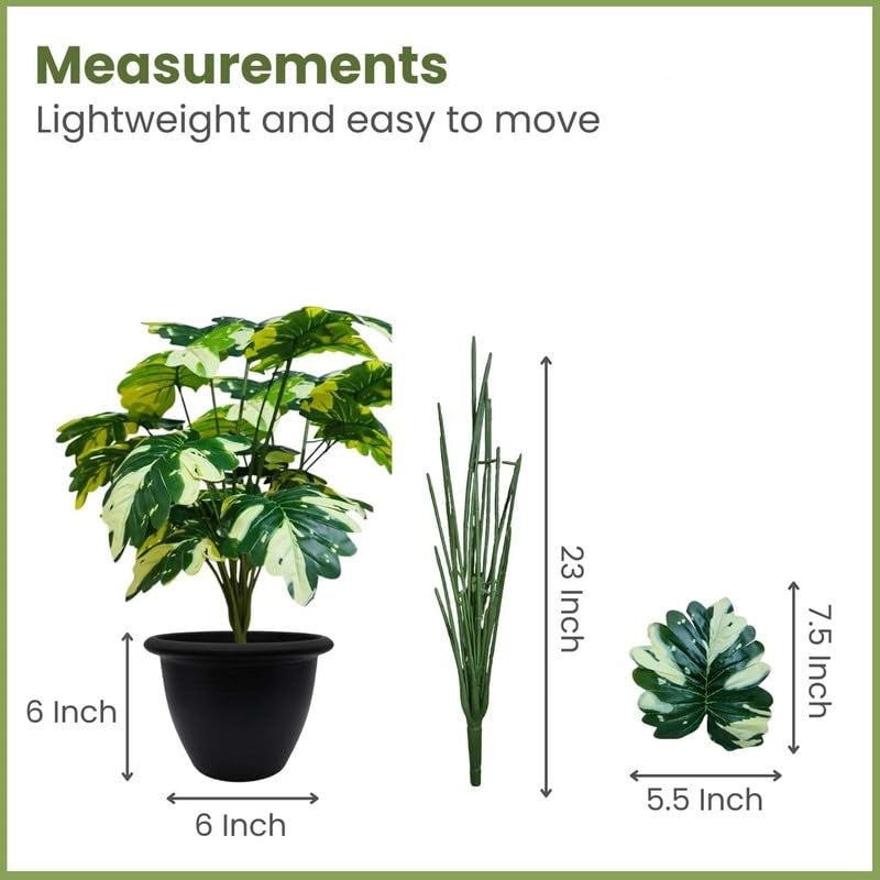 GoHooked artificial Monstera Deliciosa plant with 18 variegated green and white leaves in a black nursery pot.