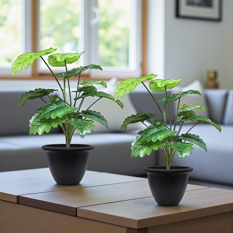 GoHooked artificial Monstera Deliciosa plant with 18 green patterned leaves in a black nursery pot, set of 2.